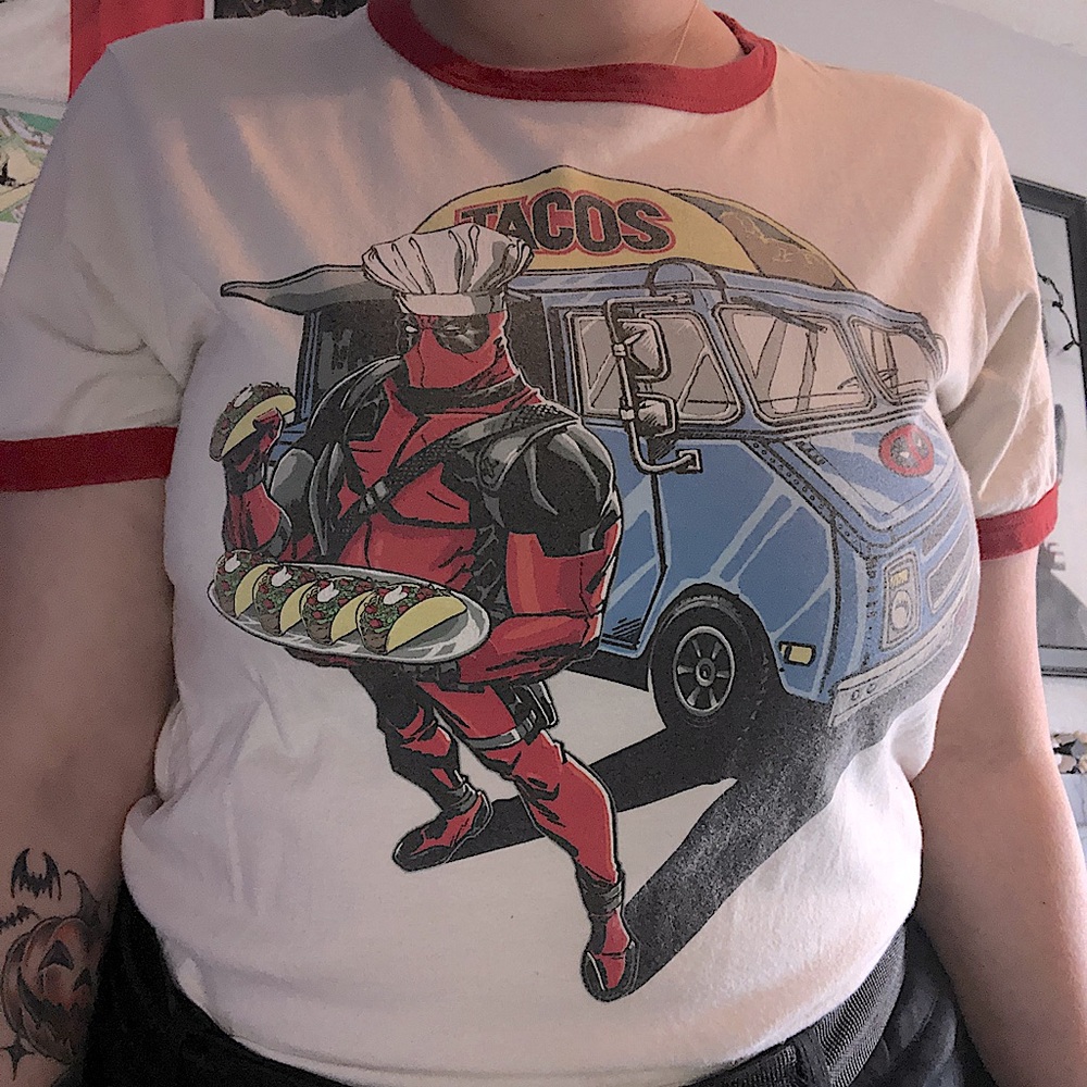 Deadpool Marvel Taco Truck Ringer Tee size Large